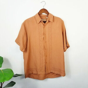 The Havanera Shirt Men Sz Large Rust‎ Button Front Embroidered Short Sleeve EUC